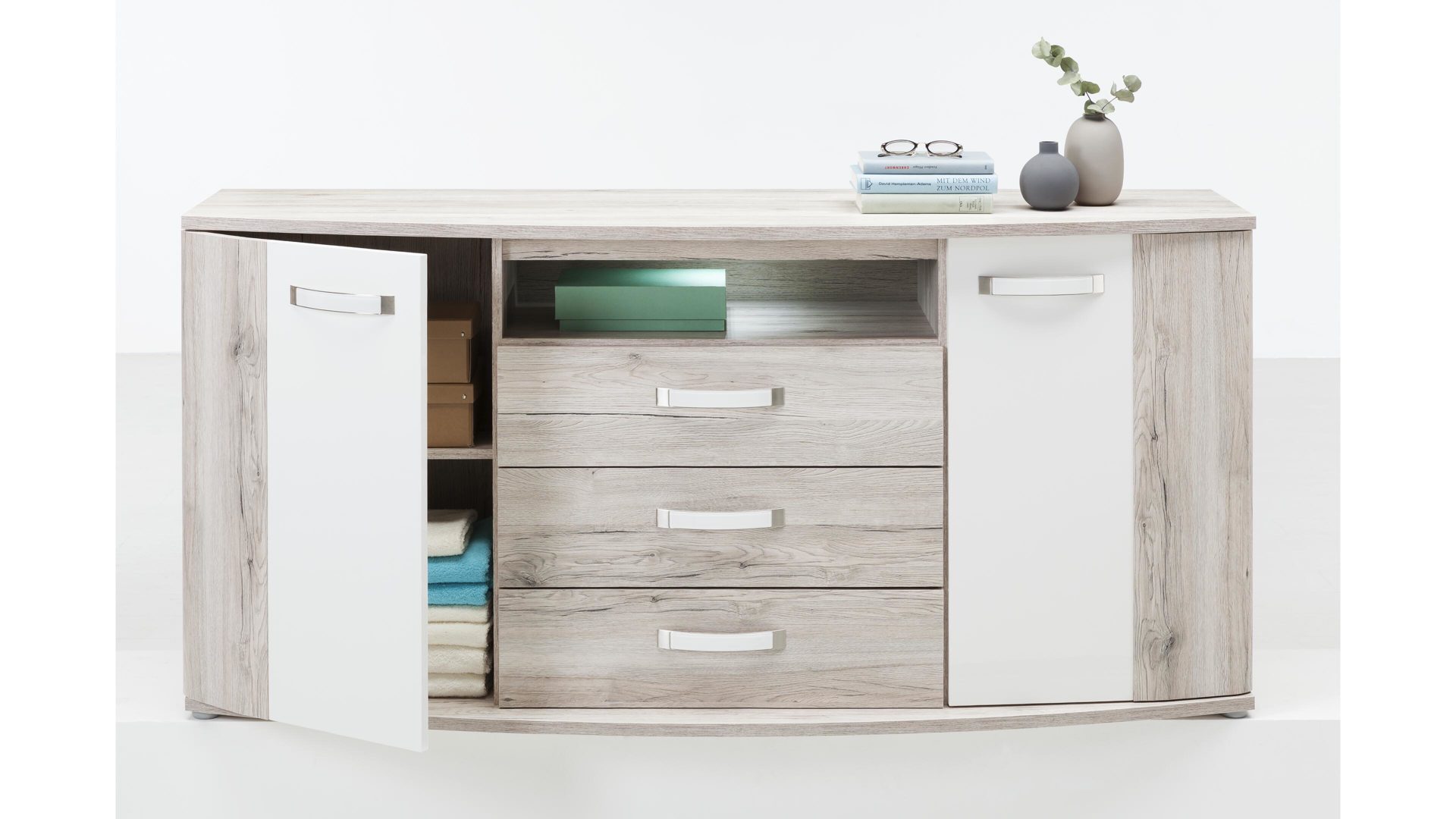 Wohnen Gut Und Gunstig Sideboard Sideboard Doppelbettgestell Schwebeturenschrank Sideboard Sandeichefarbene Weisse Kunststoffoberflachen Zwei Turen Drei Schubladen 41cm breit x 96cm tief x 88cm hoch. wohnen gut und gunstig sitting blomus